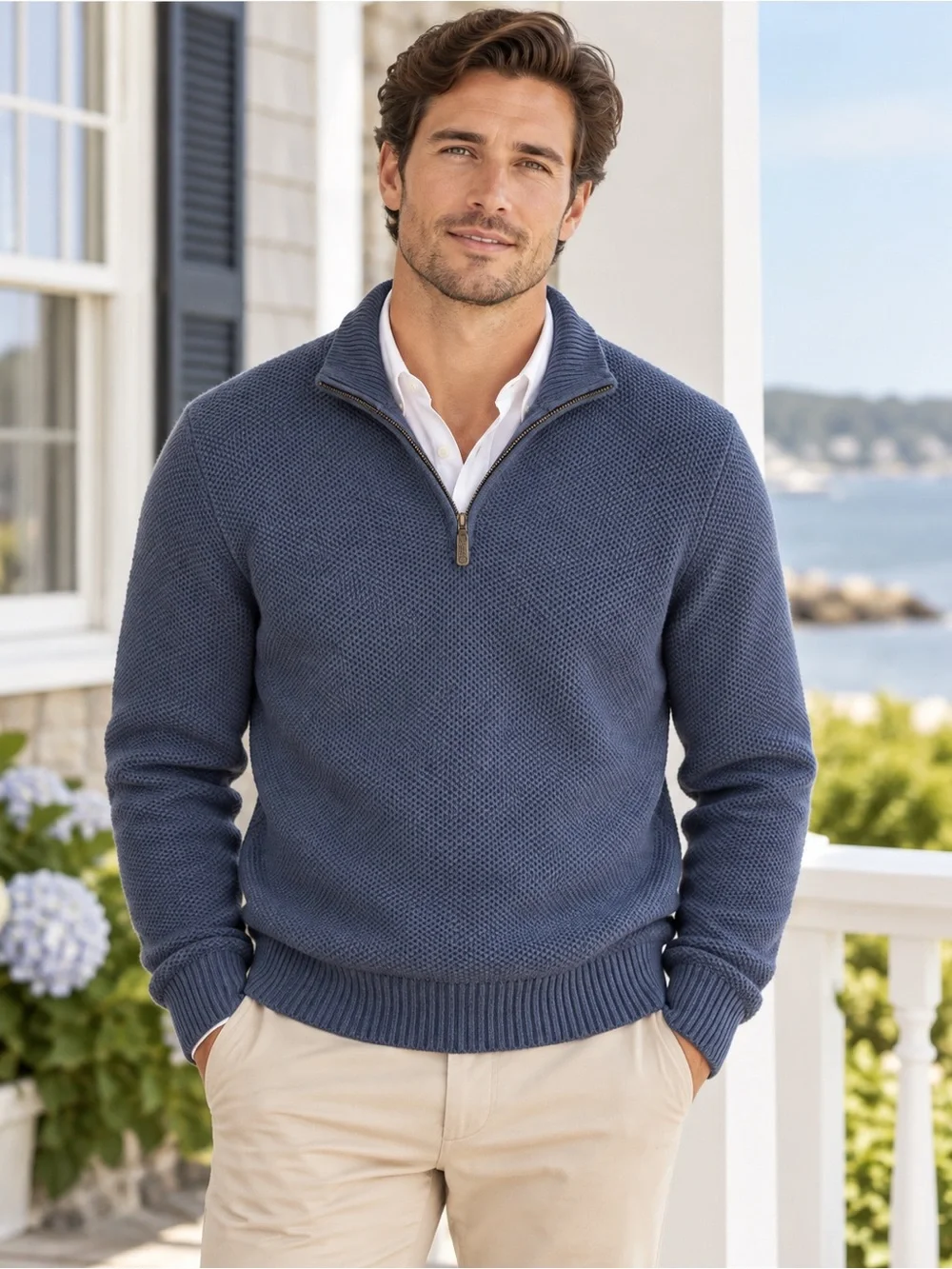 J.Crew Men’s Honeycomb Cotton Quarter Zip Sweater Blue NWT Small preppy coastal